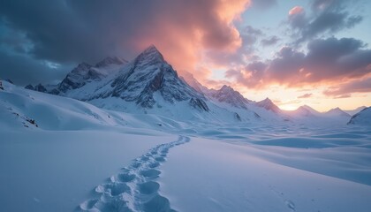 Obraz premium Snow covered mountain range at sunrise or sunset. Footprints mark a clear path through untouched snow towards majestic peaks. Serene, cold, vast winter wilderness.