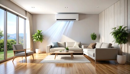 Fototapeta premium Modern Living Room with AC Unit with Cozy Sofa, and Scenic View, and Sunny Day.