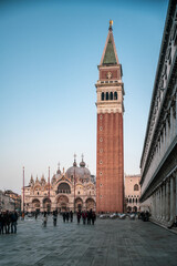 Venice, Italy, Dec 26 2018, Evening at piazza san marco with campanile and st. mark's basilica