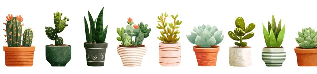 Assorted succulents and cacti in various pots