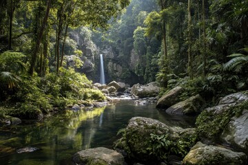 Obraz premium Majestic rainforest waterfall cascading into serene river surrounded by lush greenery and rocky landscape under soft sunlight