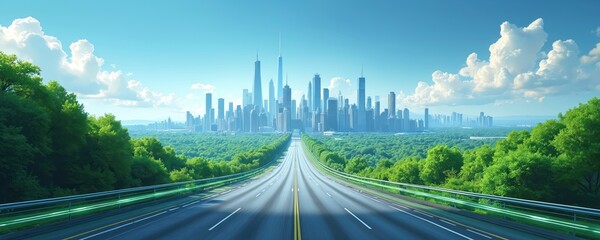Modern highway curves toward distant city skyline, surrounded by rich green trees under bright, clear sky. Illustration visualizes progress, innovation, eco-friendly urban development, representing
