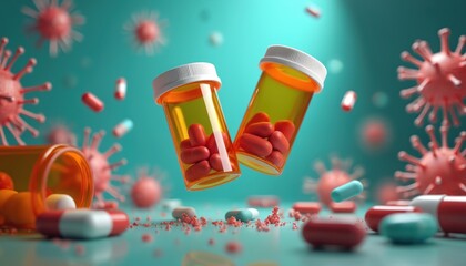 Pill bottles float amid viral particles. Red and white pills spill from an overturned container. Image represents antibiotic resistance, health crisis, and scientific research challenges.