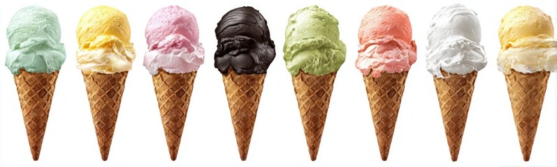 Assorted ice cream scoops in waffle cones (5)