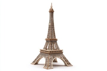 Detailed wooden Eiffel Tower model, light beige/brown tones, intricate lattice work