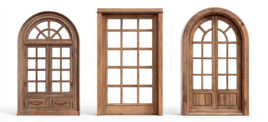 Three classic wooden doors with arched and rectangular tops