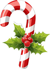 A classic cartoon style vector sticker of a red and white striped candy cane, with a shiny, glossy finish and a small green holly sprig with red berries tied to it with a ribbon, isolated on a transpa