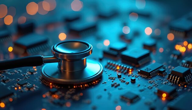 Stethoscope rests on circuit board, blending healthcare with tech innovation. Digital diagnosis, patient data analysis, AI medicine, remote telecare, future clinical solutions. Advanced biomedicine
