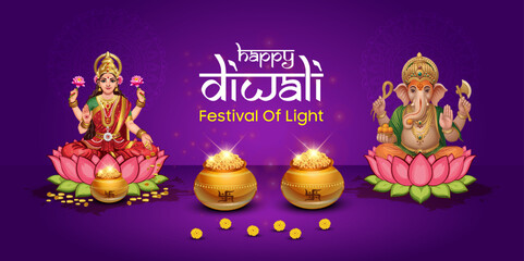 Happy Diwali Festival of Lights with Goddess Lakshmi and Lord Ganesha Illustration