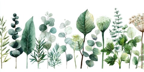 Watercolor botanicals, various greens.  Arrangement of leaves, stems, and flowers in soft, muted shades of green, against a white background.  Eucalyptus, herbs, and other plants. 