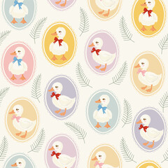 Cute Baby Duck in Pastel Eggs with Bows – Seamless Pattern Illustration
