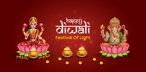 Happy Diwali Festival of Lights with Goddess Lakshmi and Lord Ganesha Illustration