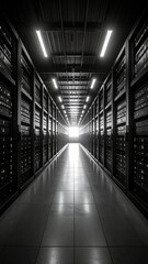 Monochrome Server Room Tunnel: A Deep Perspective into Data Infrastructure