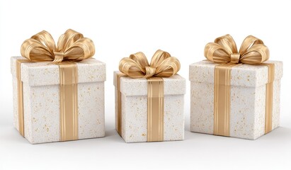Three elegant gift boxes, light beige with gold ribbon and bows, arranged in a row against a white background