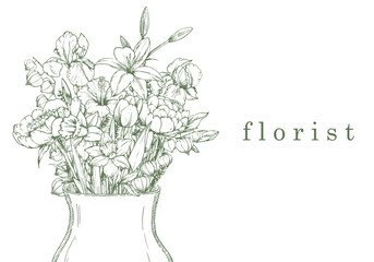 Flower Shop. Florist. Hand-drawn illustration of flowers and objects. Ink. Vector	