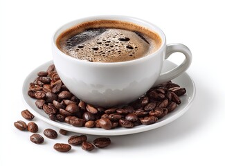 A full white cup of dark coffee, surrounded by coffee beans