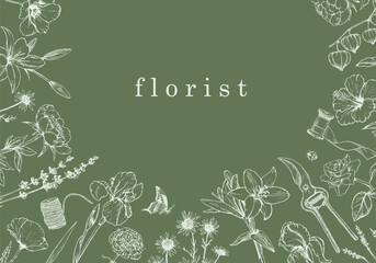 Flower Shop. Florist. Hand-drawn illustration of flowers and objects. Ink. Vector	