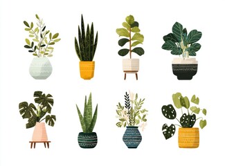 Nine potted houseplants in various styles.  Each plant is stylized,  with vibrant green foliage and distinct pot designs.  A mix of textures and colors.  Small, decorative accents on some pots.