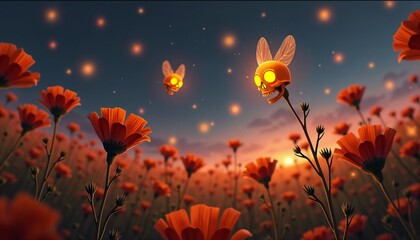 Glowing skulls with wings hovering above flowers at sunset creating a whimsical scene
