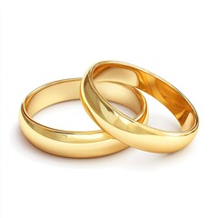 Two gold wedding bands, slightly overlapping, on a white background.  A polished,  classic design