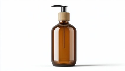 Amber glass bottle with wooden pump.  A clear amber glass bottle,  round-bodied, with a wooden-toned pump top,  isolated against white