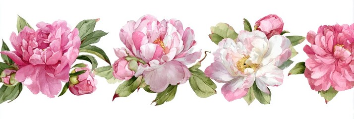 Watercolor-style horizontal border of pink and white peonies.  Delicate blossoms with varying shades of pink and white, and lush green leaves.  