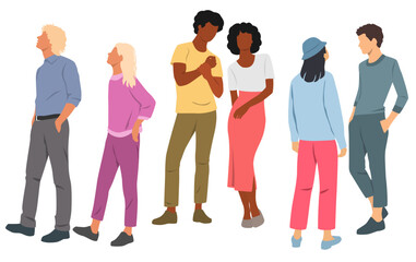 Obraz premium Couples of young men and women, standing people, front and back view, profile, different colors, cartoon character, students silhouettes, flat icon design concept isolated on white background