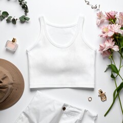 Feminine summer fashion flat lay with a blank white crop top mockup, stylish accessories, sun hat, and fresh pink flowers on a clean background