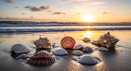 Seashells on a Sandy Beach at Sunset.