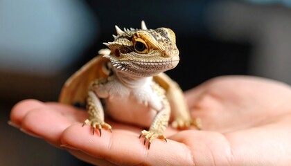 A Small Spiky Bearded Dragon Lizard Resting in a Hand.