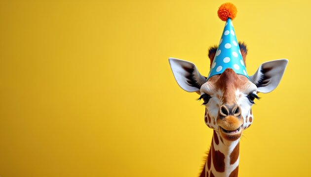 Joyful giraffe wears colorful polka dot party hat against vibrant yellow background. Cheerful animal portrait perfect for birthday celebrations, festive events, whimsical party themes, conveying