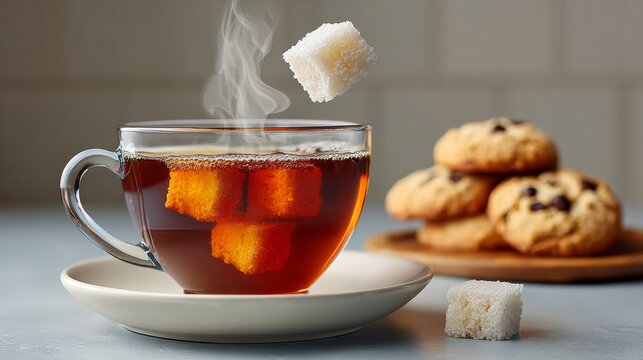 Cup of tea with sugar cubes floating in it. A plate of cookies sits next to the cup