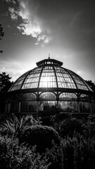 Fototapeta premium Striking Black and White Botanical Garden with Architectural Greenhouse Dome