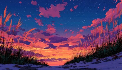 Sunset over a beach, grass, starry sky