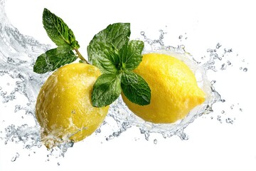 Two lemons in mid-air, surrounded by water splashes, with fresh mint leaves