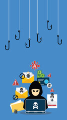 Hacker with laptop computer stealing confidential data, personal information and credit card detail. Hacking concept.	