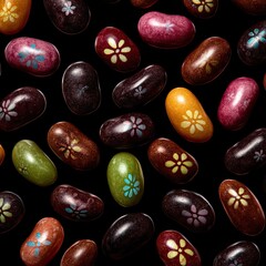 Colorful jelly beans with flower designs on black background