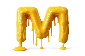 A vibrant yellow capital letter "M" rendered as if dripping with melted, glossy paint or liquid