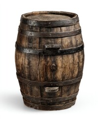 Obraz premium Aged wooden barrel, full view, isolated on white. Dark brown wood, with metal bands encircling it. Rounded shape, standing upright