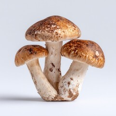Three mushrooms clustered together against a light gray background.  Their caps display a mix of tan and light brown, with darker brown speckles.  