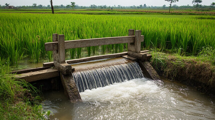 Wooden Irrigation Gate Controlling Water Flow in Rice Fields