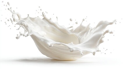 Milk splash, creamy white liquid in a dynamic, swirling arc against a plain white background
