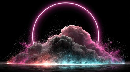 Abstract cloud explosion with neon ring
