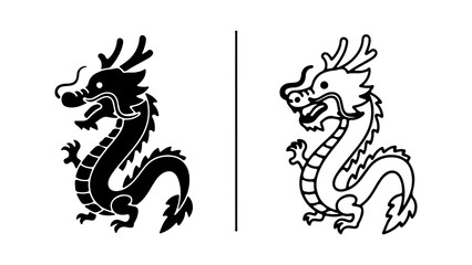 Chinese Dragon Silhouette and Outline Illustration.