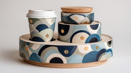 Wooden tray with painted cups and containers
