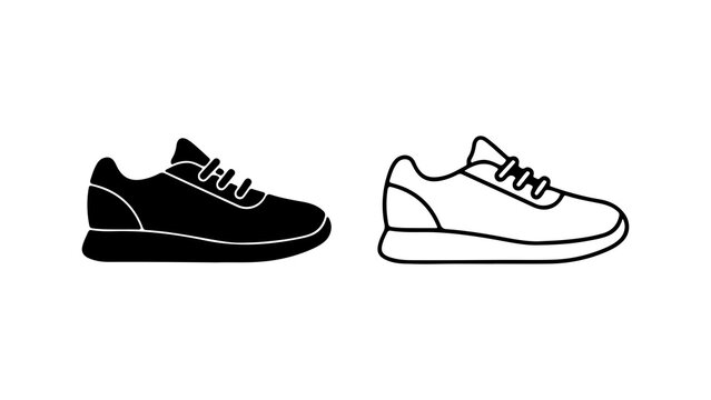 Black silhouette and outline sneaker vector icons isolated.