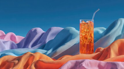 Crisp iced tea in glass, vibrant draped fabrics