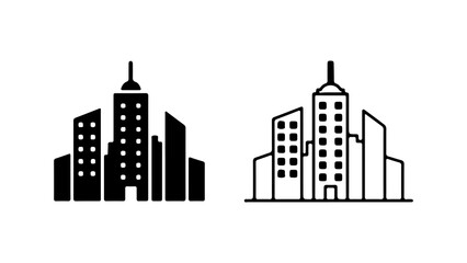 Fototapeta premium Cityscape building icons in solid and outline styles.