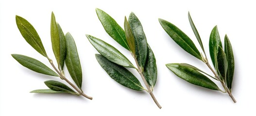 Three sprigs of fresh, vibrant green olive leaves arranged horizontally on a plain white background