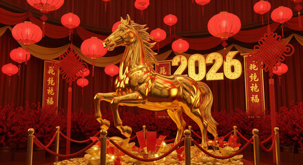 Luxurious golden horse sculpture with red lanterns and golden decorations for Lunar New Year celebration.